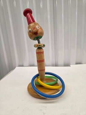 Pig Clown Vintage Wooden Ring Toss Toy Game Plastic Rings Collectible
